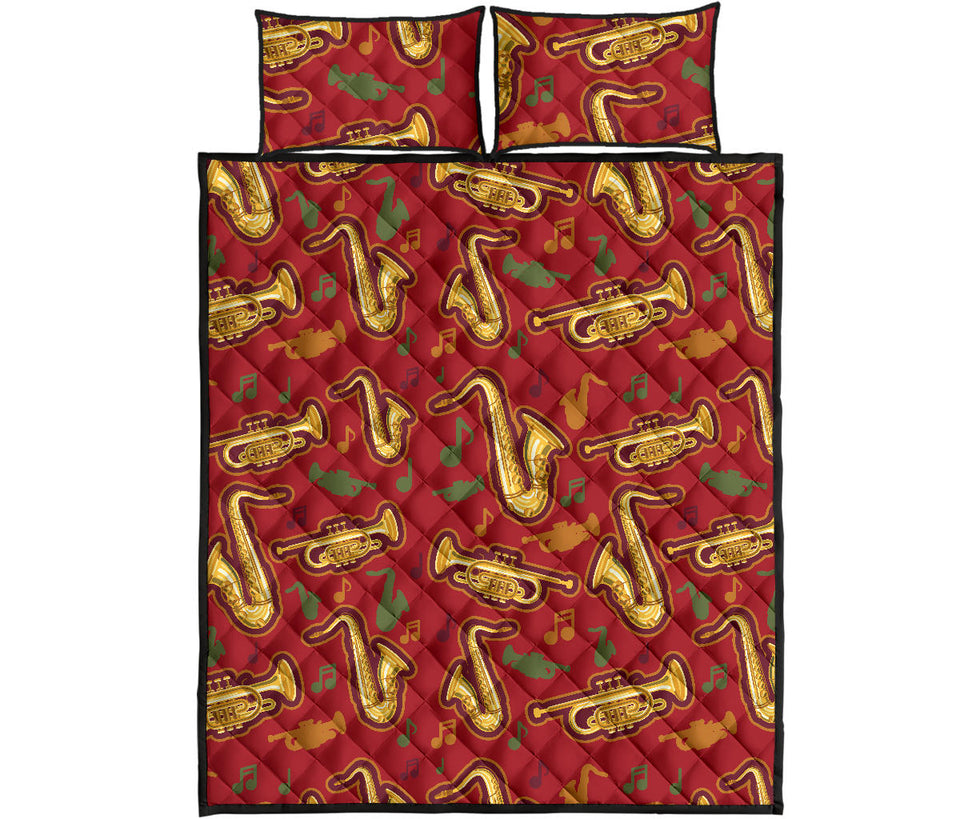 Saxophone cornet pattern red background Quilt Bed Set