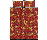 Saxophone cornet pattern red background Quilt Bed Set