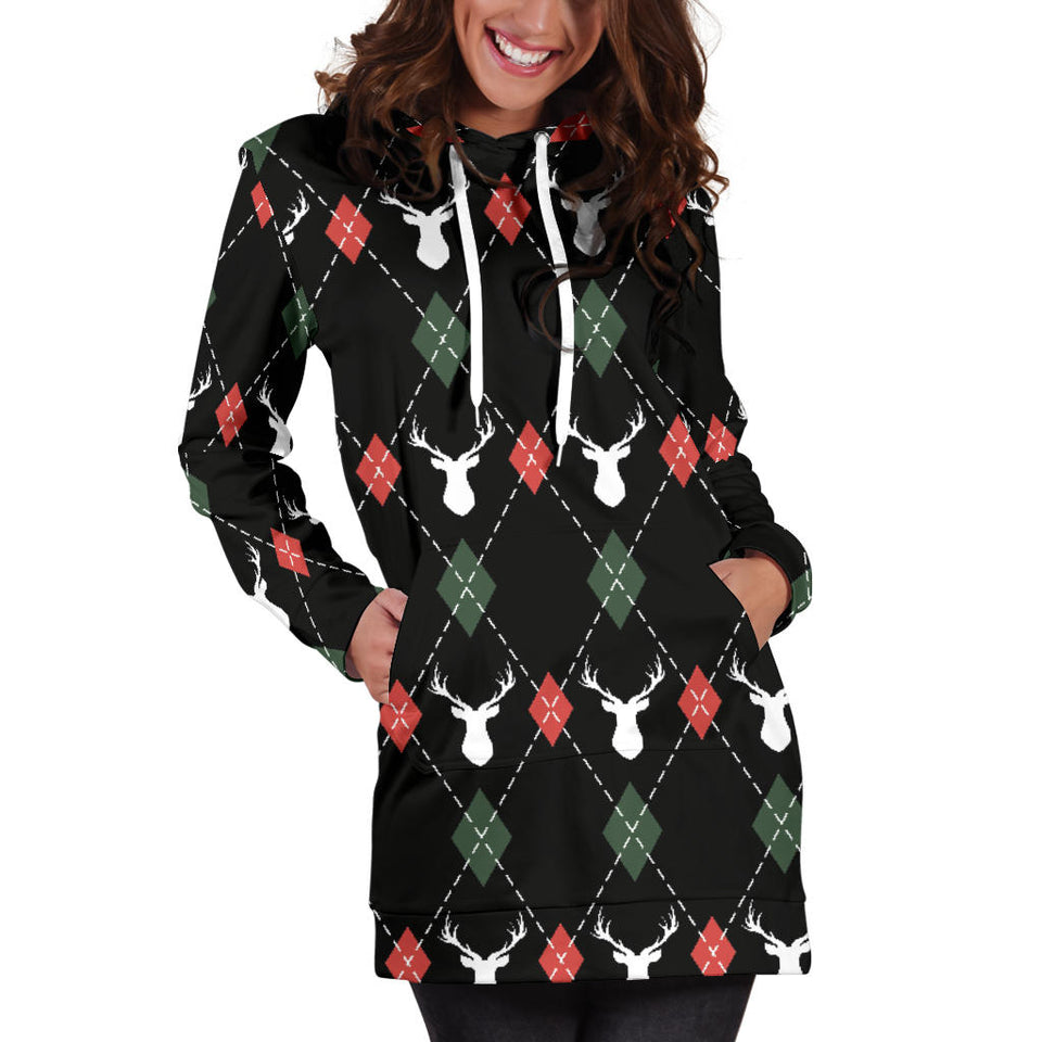 Deer Christmas New Year Pattern Argyle Women'S Hoodie Dress