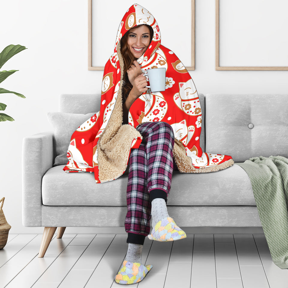 Cute Maneki Neko Lucky Cat Red Background Hooded Blanket