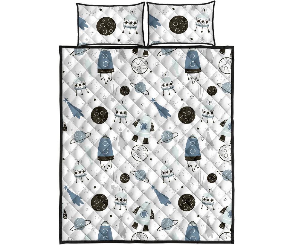 Hand drawn space elements space rocket star planet space probe Quilt Bed Set