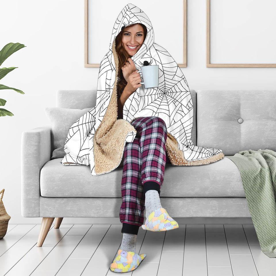 Spider Web Cobweb Pattern White Background Hooded Blanket