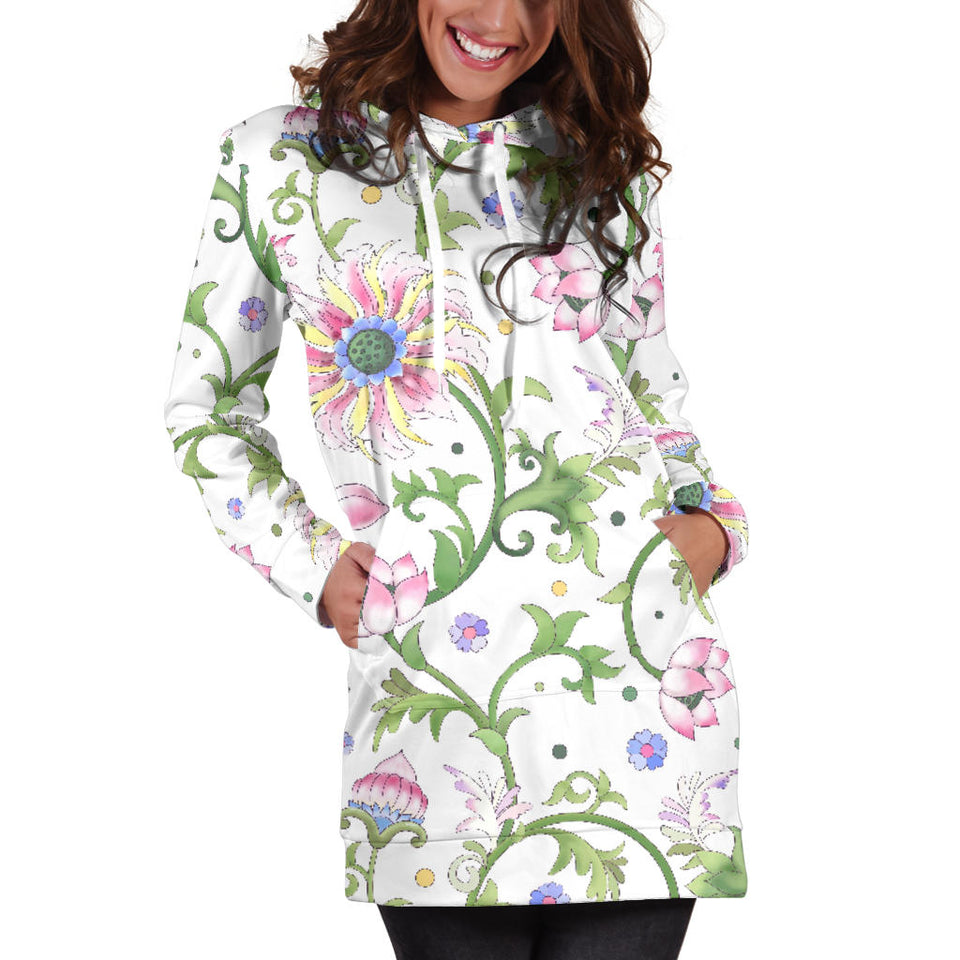 Beautiful Pink Lotus Waterlily Leaves Pattern Women'S Hoodie Dress