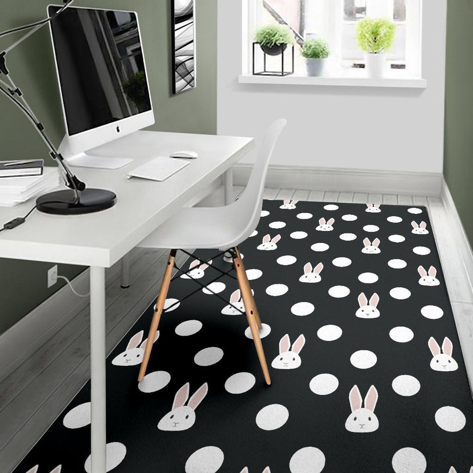 Cute White Rabbit Polka Dots Black Background Area Rug