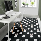 Cute White Rabbit Polka Dots Black Background Area Rug