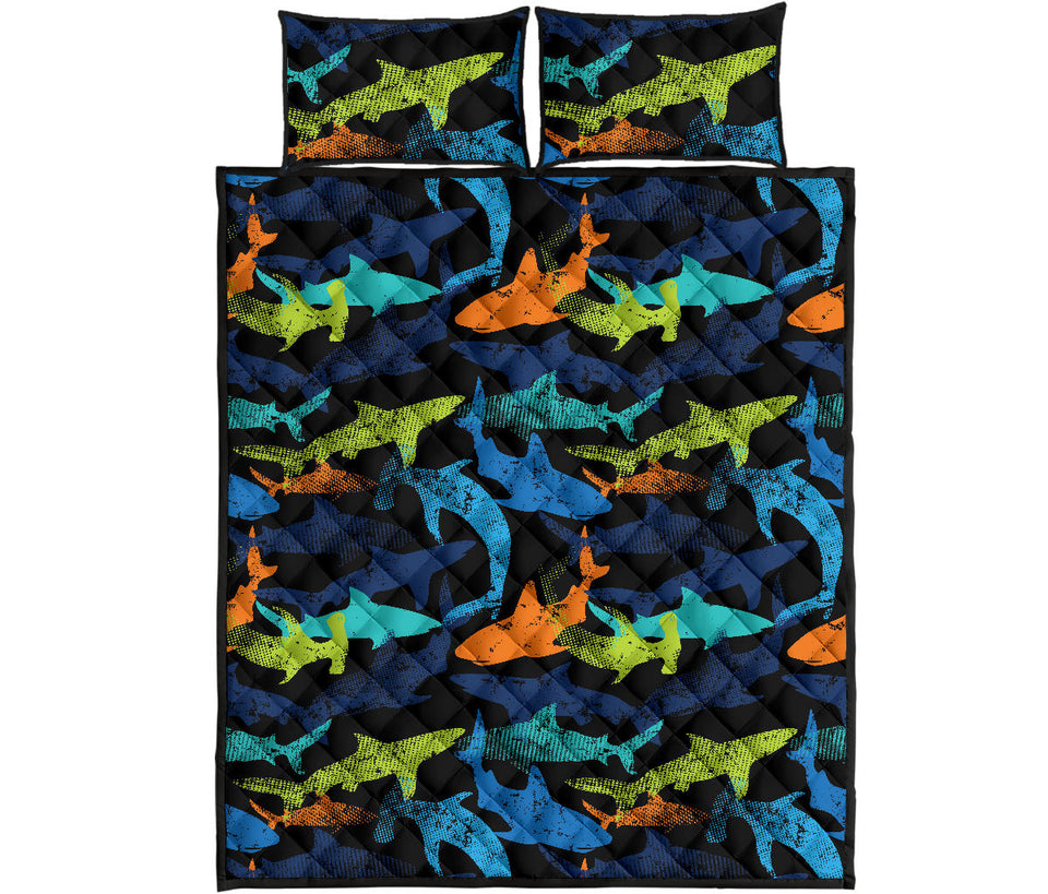 Colorful shark Quilt Bed Set