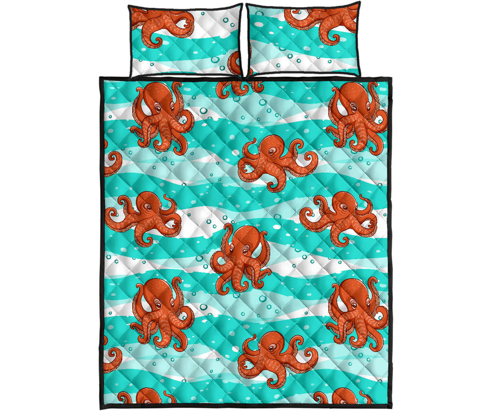 Octopuses sea wave background Quilt Bed Set