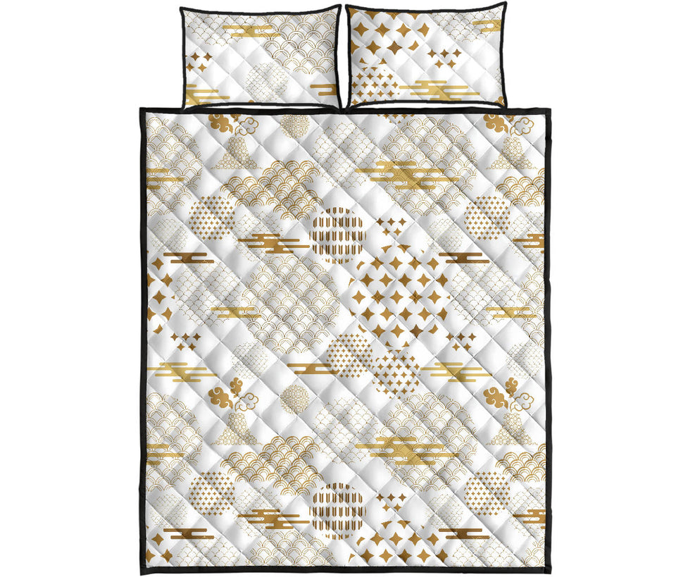 Beautiful gold japanese pattern Quilt Bed Set