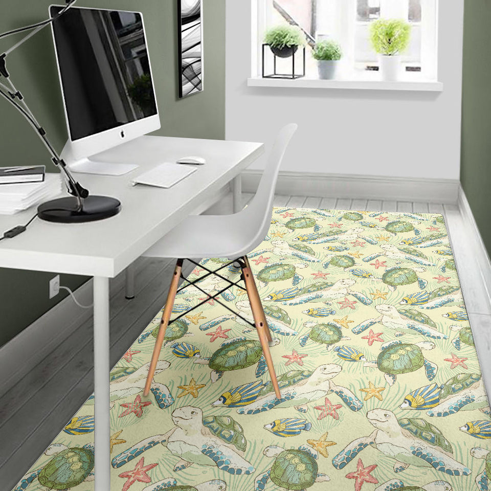 Hand Drawn Sea Turtle Fish Pattern Area Rug