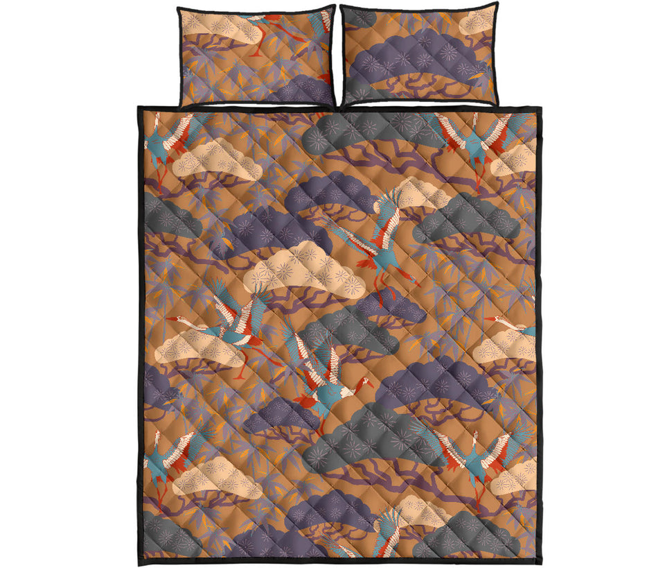 Bonsai bamboo stork japanese pattern brown theme Quilt Bed Set