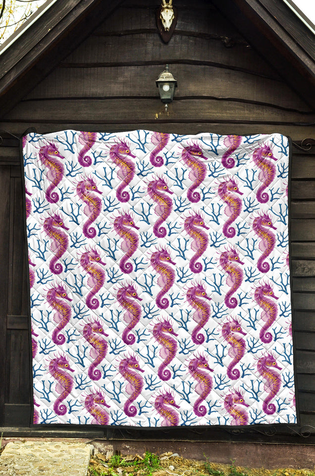 Purple Seahorse Blue Coral Pattern Premium Quilt