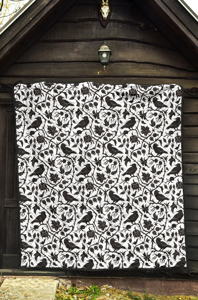 Crow Dark Floral Pattern Premium Quilt