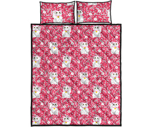 Maneki Neko Lucky Cat sakura pink background Quilt Bed Set