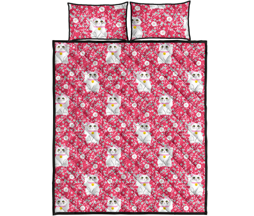 Maneki Neko Lucky Cat sakura pink background Quilt Bed Set