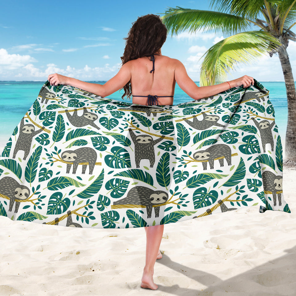 Cute Sloths Tropical Palm Leaves White Background Sarong