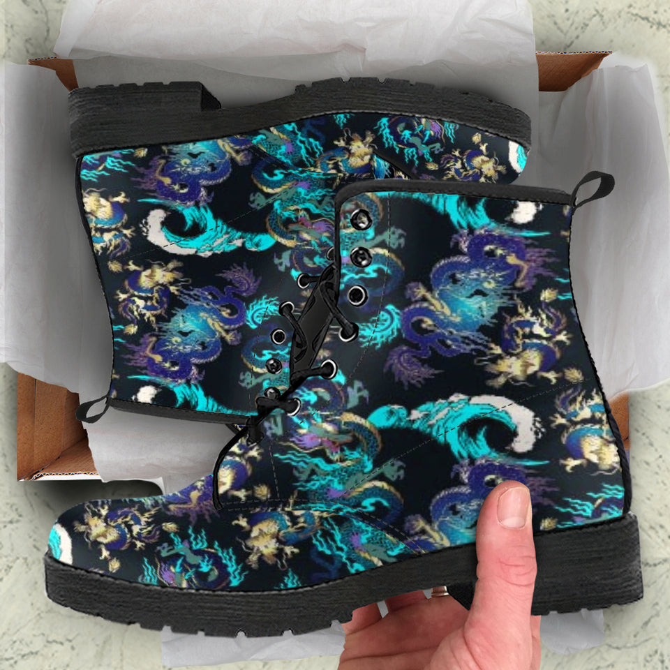 Dragon Sea Wave Pattern Leather Boots