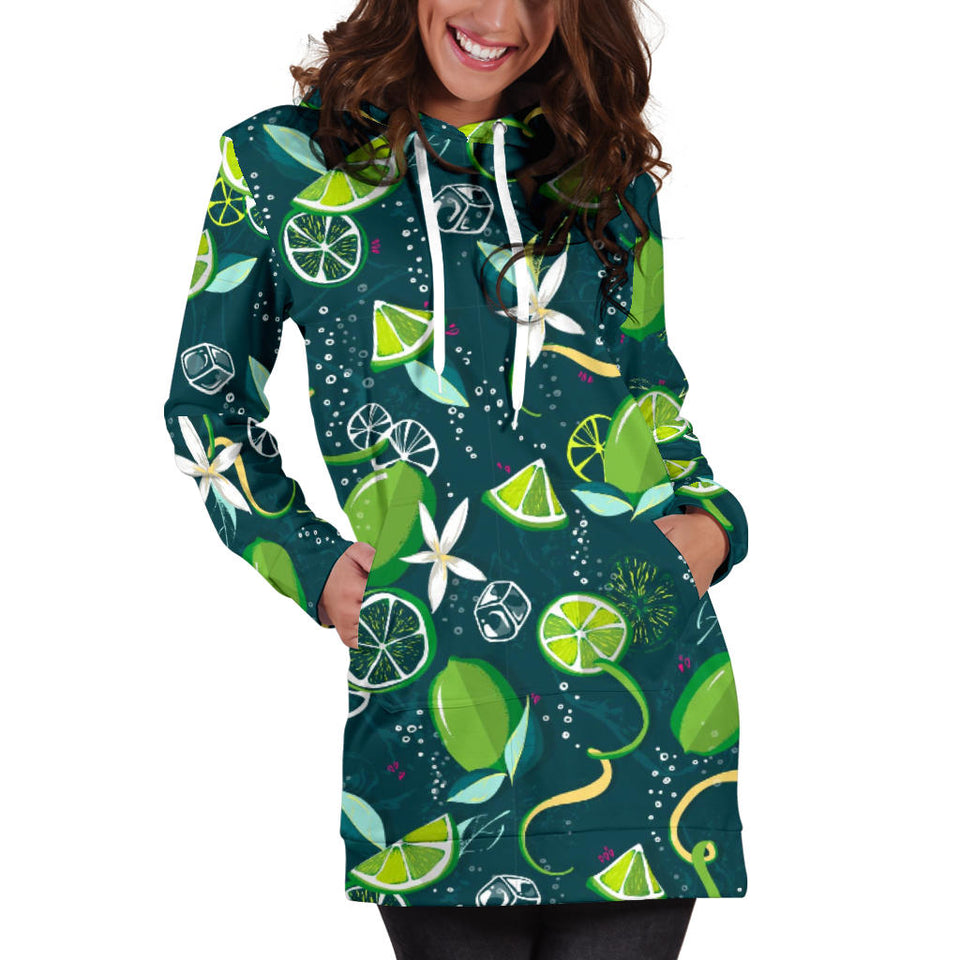 Lime Ice Flower Pattern Women'S Hoodie Dress