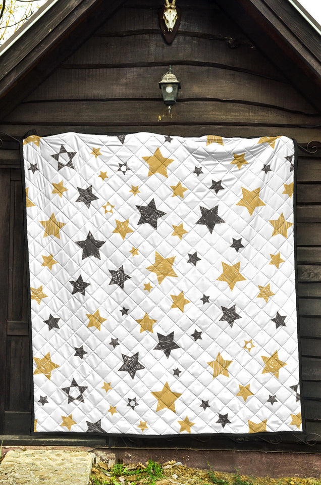 Hand Drawn Gold Black Star Pattern Premium Quilt.