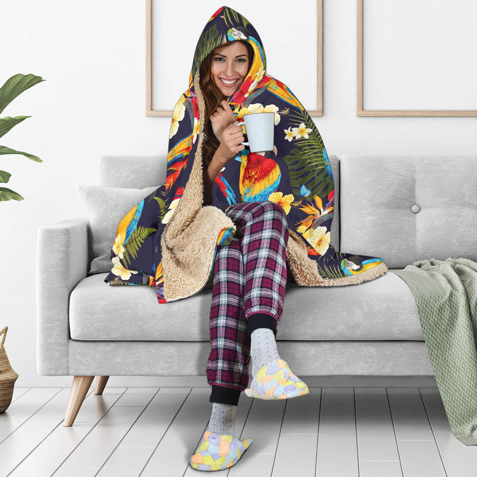 Colorful Parrot Flower Pattern Hooded Blanket