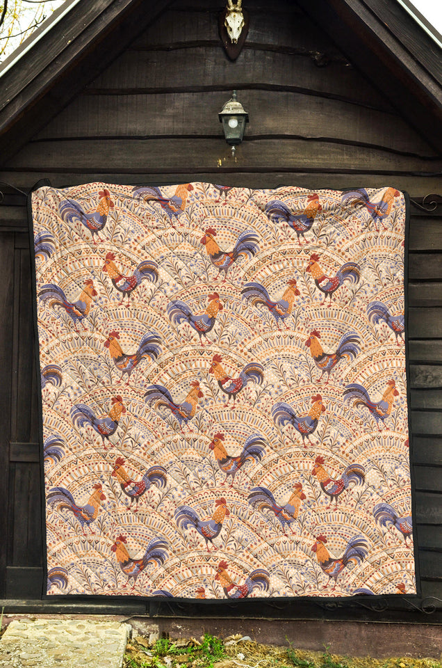 Cute Rooster Chicken Cock Floral Ornament Background Premium Quilt