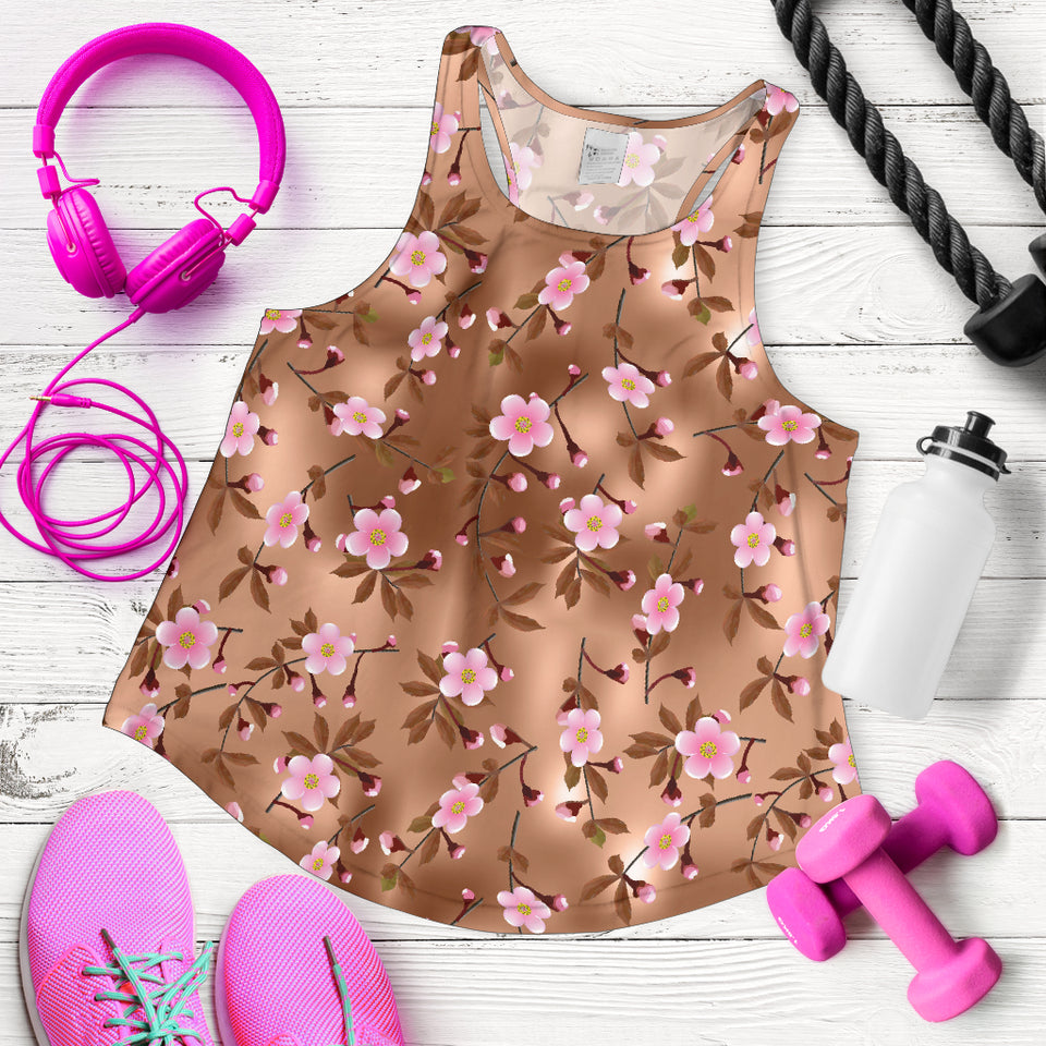 Pink sakura cherry blossom drak brown background Women Racerback Tank Top