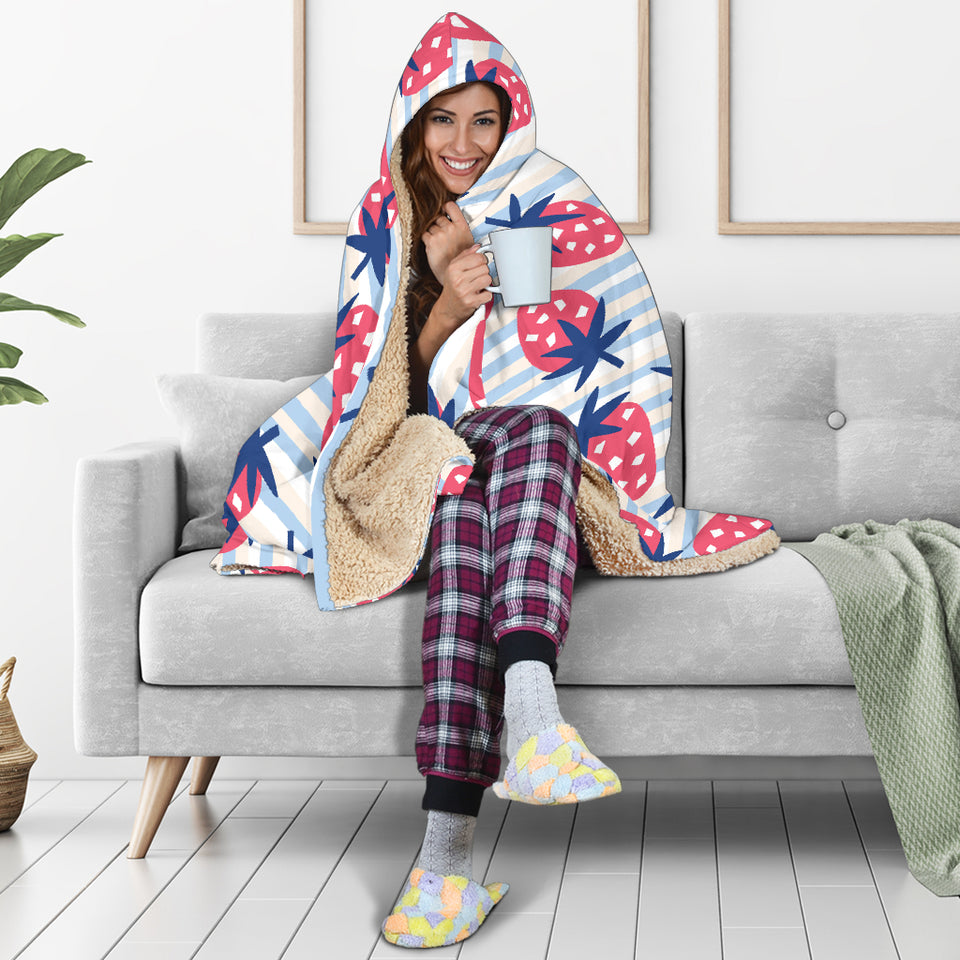 Strawberry Pattern Blue Lines Background Hooded Blanket