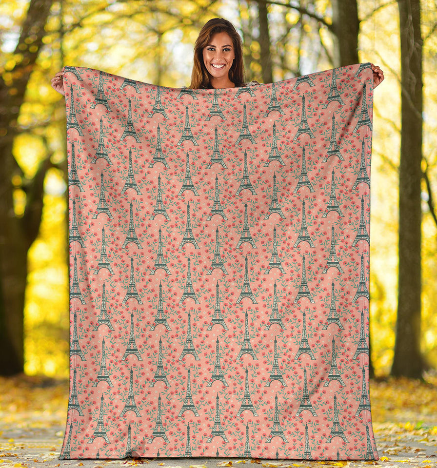 Eiffel Tower Flower Background Pattern Print Design 03 Premium Blanket