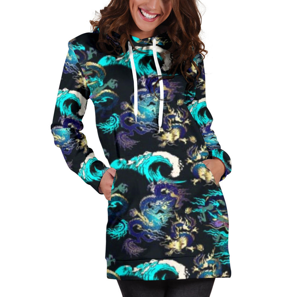 Dragon Sea Wave Pattern Women'S Hoodie Dress