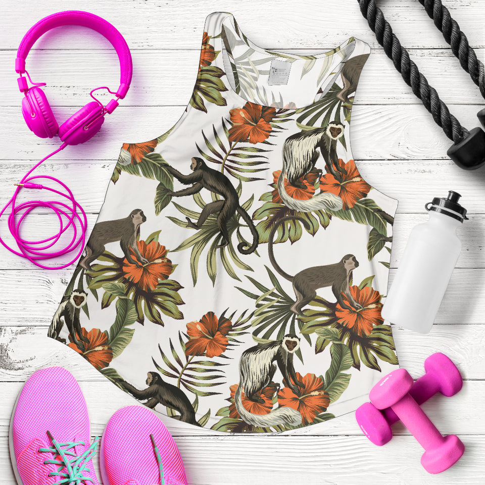 Monkey red hibiscus flower palm leaves floral pattern Women Racerback Tank Top