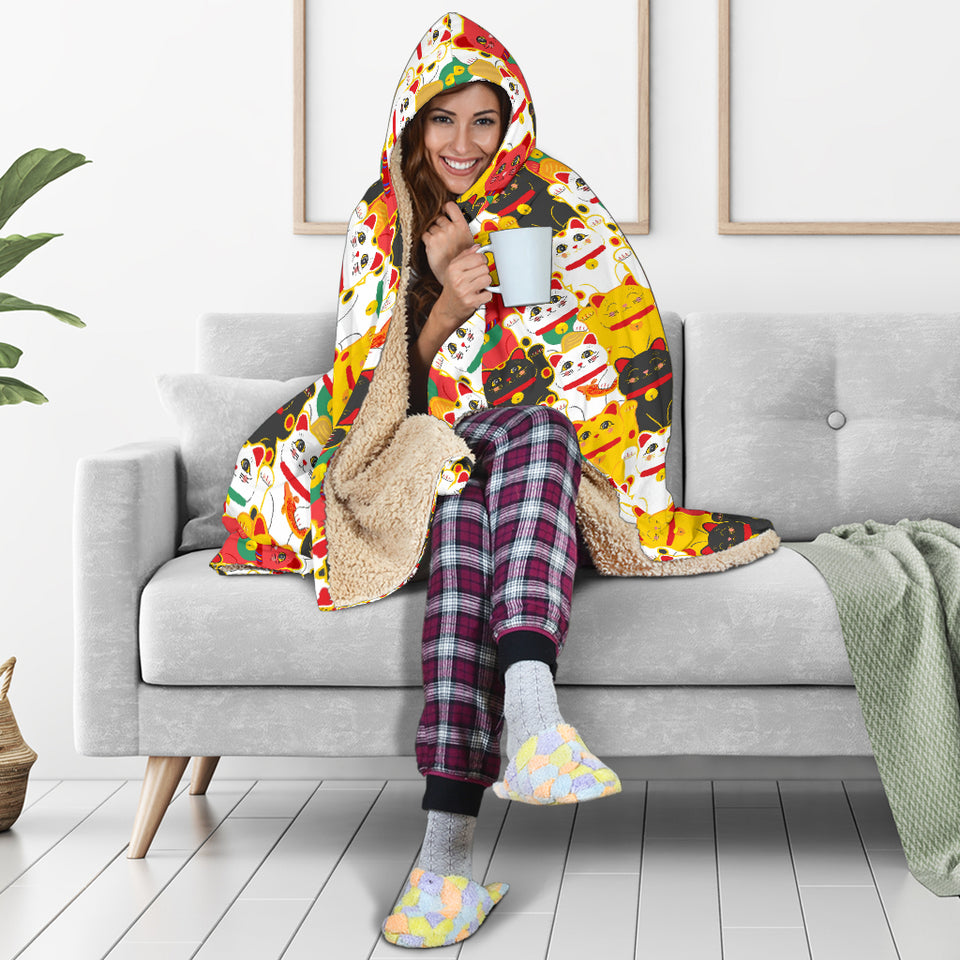 Colorful Maneki Neko Lucky Cat Pattern Hooded Blanket