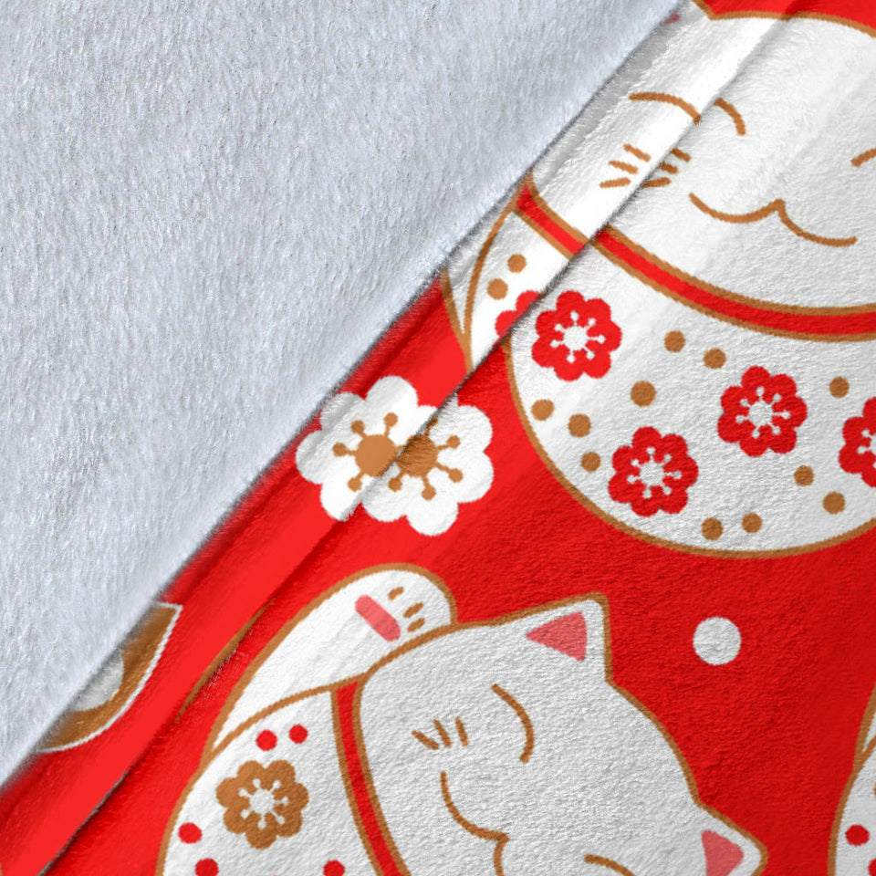 Cute Maneki Neko Lucky Cat Red Background Premium Blanket
