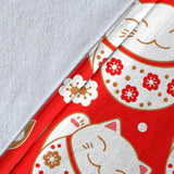 Cute Maneki Neko Lucky Cat Red Background Premium Blanket