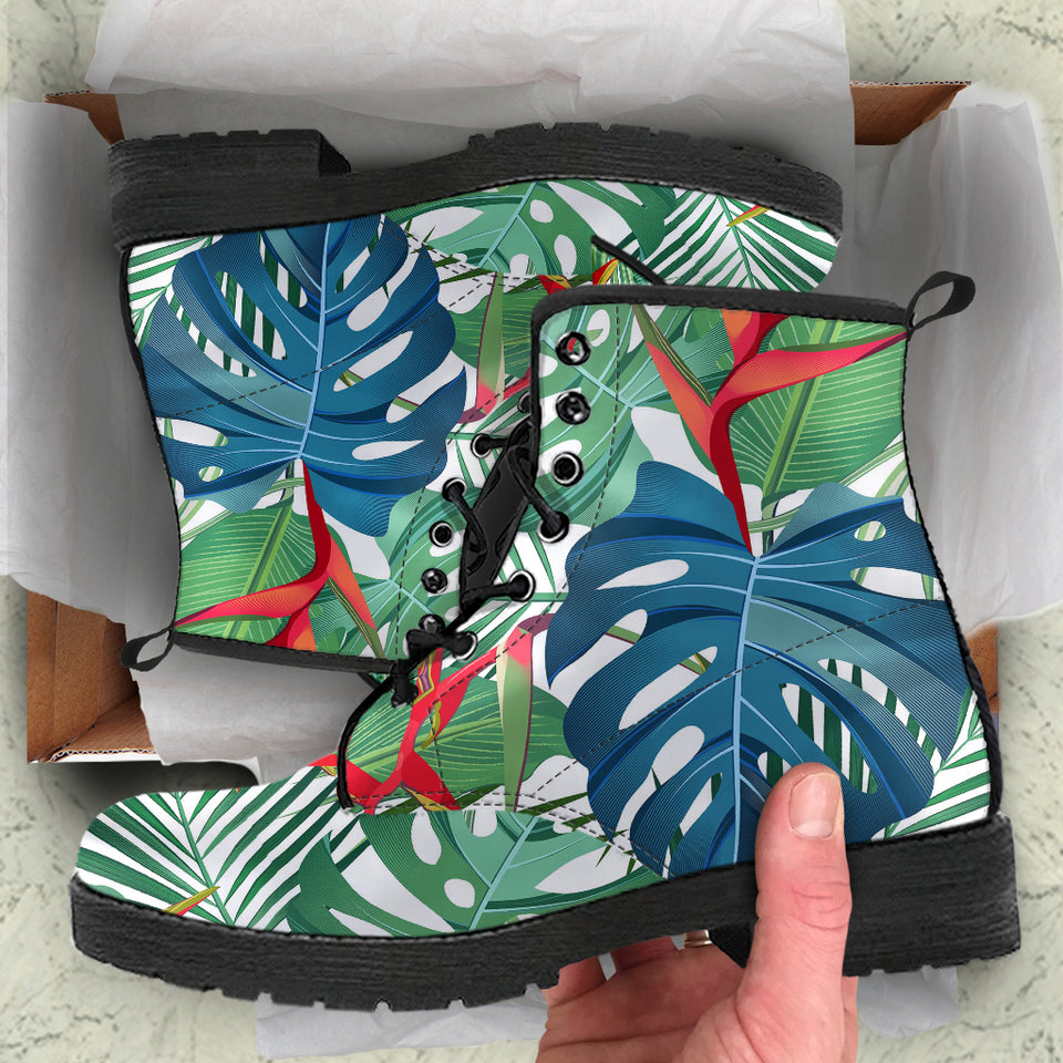 Heliconia Palm And Monstera  Leaves Pattern Leather Boots