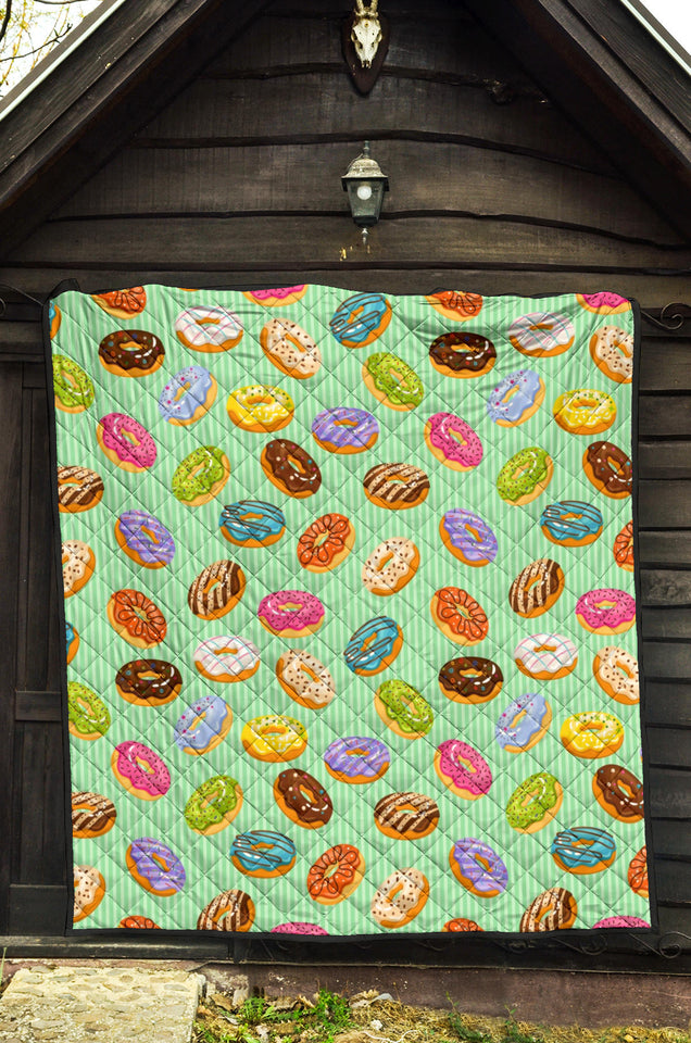 Colorful Donut Pattern Green Background Premium Quilt
