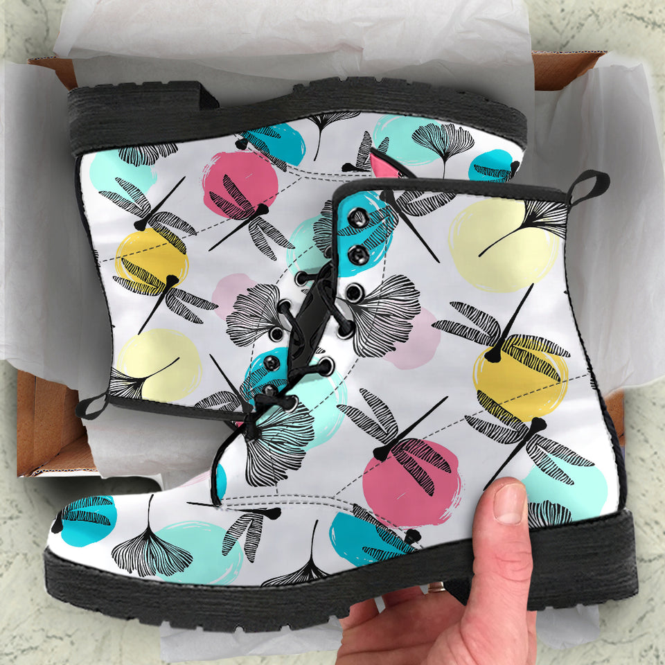 Dragonflies Ginkgo Leaves Pattern Leather Boots