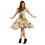 Cool Bee Honeycomb Leaves Pattern Sleeveless Midi Dress