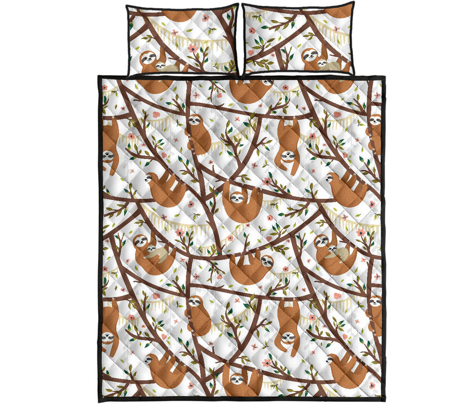 Sloths hanging on the tree pattern Quilt Bed Set