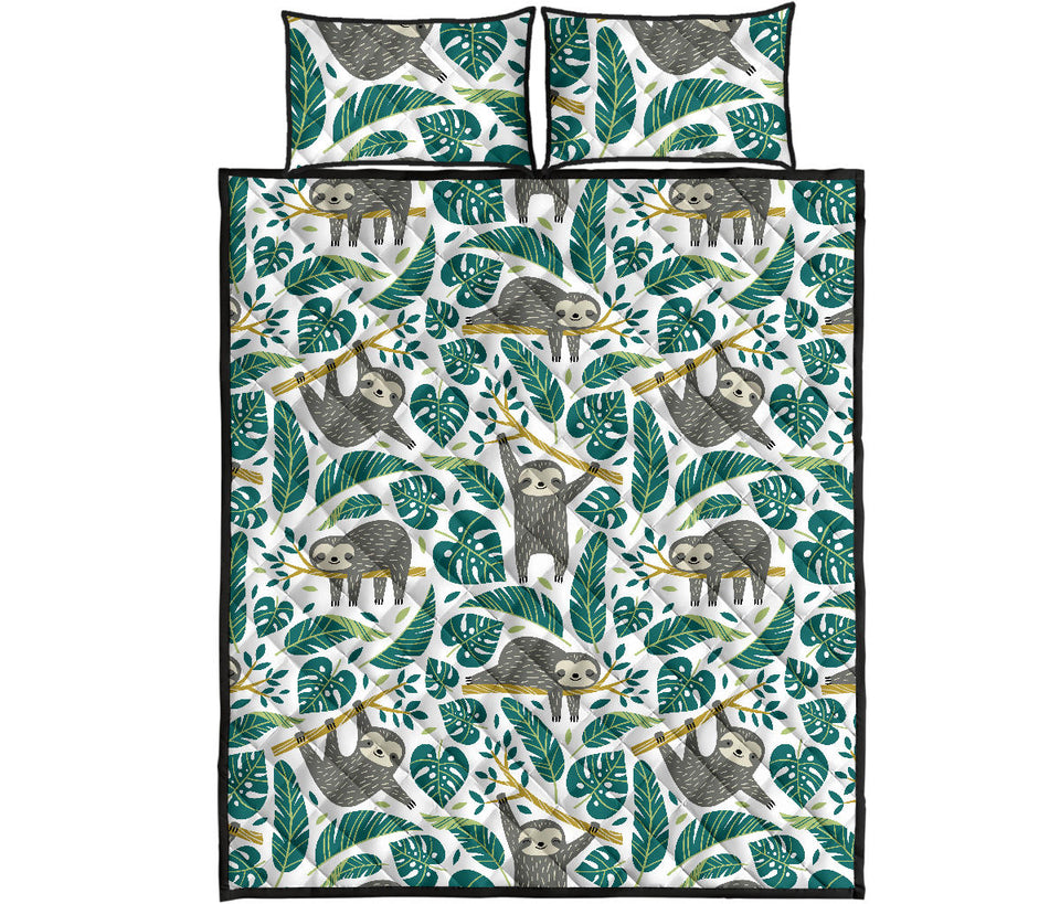 Cute sloths tropical palm leaves white background Quilt Bed Set