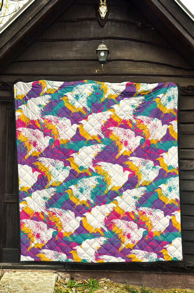 Colorful Crow Illustration Pattern Premium Quilt