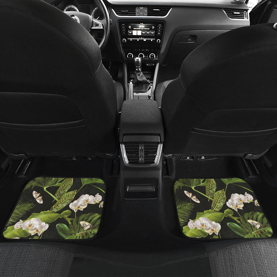White Orchid Flower Tropical Leaves Pattern Blackground Front And Back Car Mats