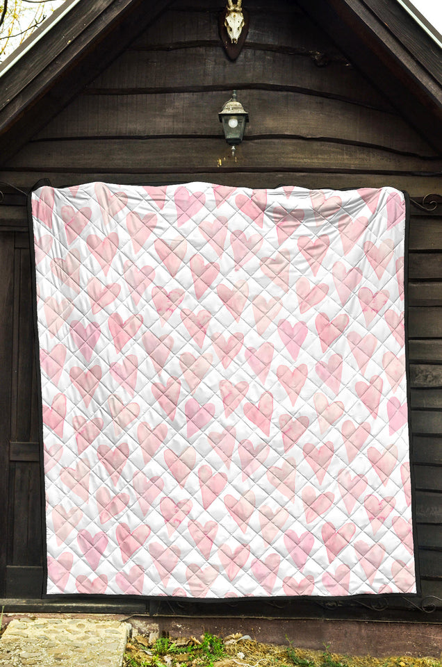 Watercolor Pink Heart Pattern Premium Quilt