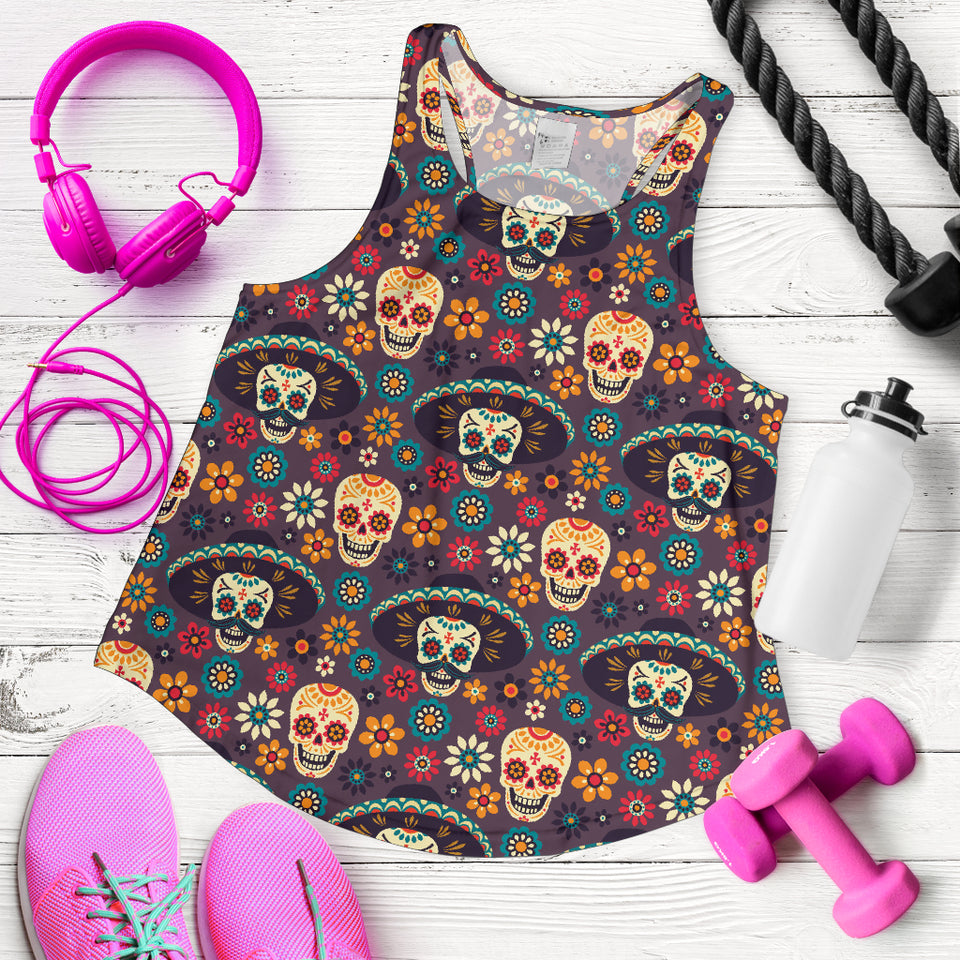 Sugar skulls flower maxican pattern Women Racerback Tank Top