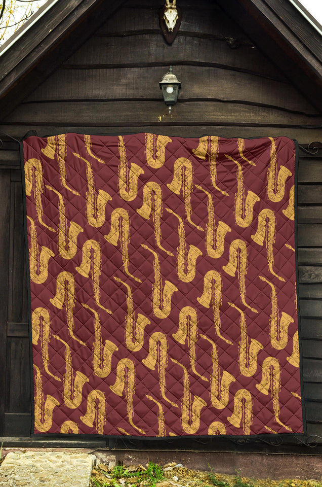 Hand Drawn Gold Saxophone Red Background  Premium Quilt