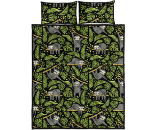 Cute sloths tropical palm leaves black background Quilt Bed Set