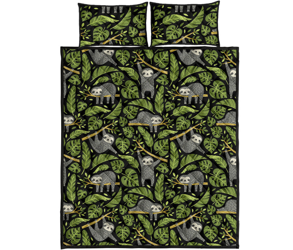 Cute sloths tropical palm leaves black background Quilt Bed Set
