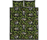 Cute sloths tropical palm leaves black background Quilt Bed Set