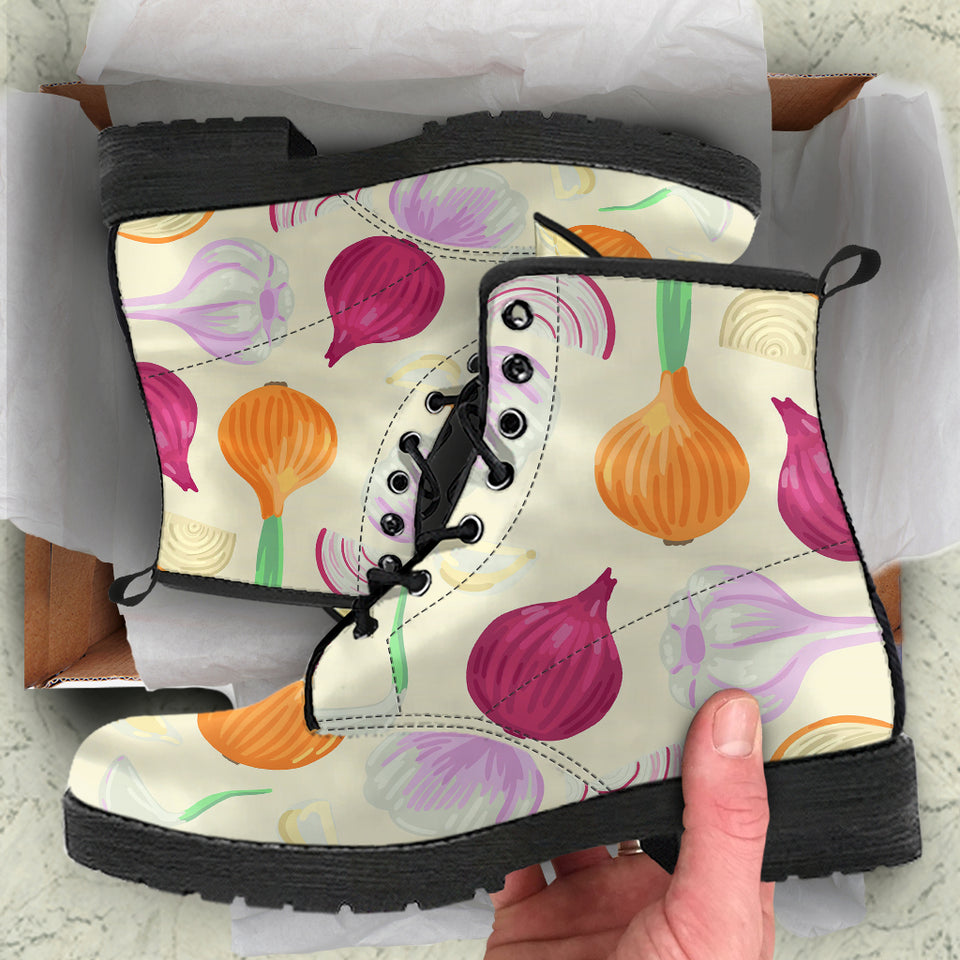 Onion Garlic White Red Pattern Leather Boots