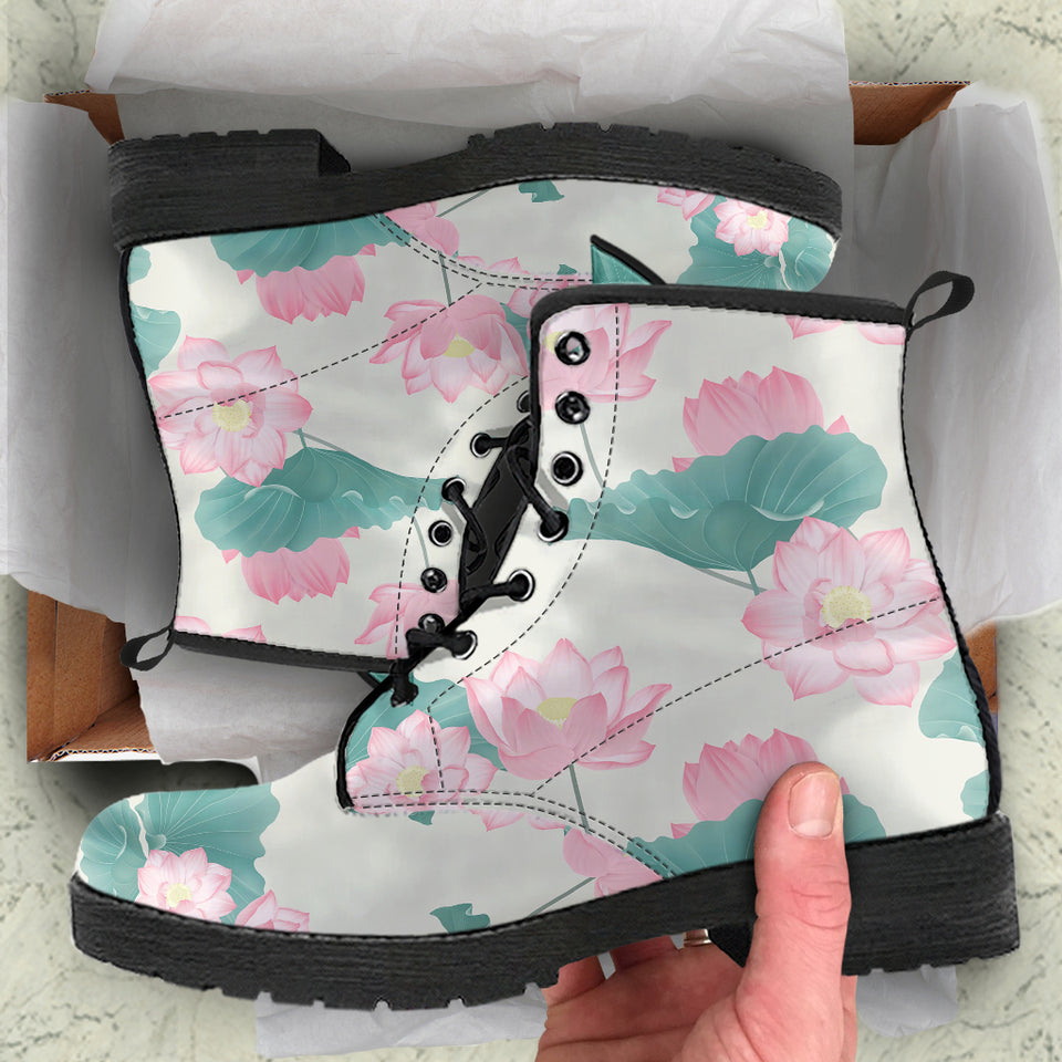 Pink Lotus Waterlily Leaves Pattern Leather Boots