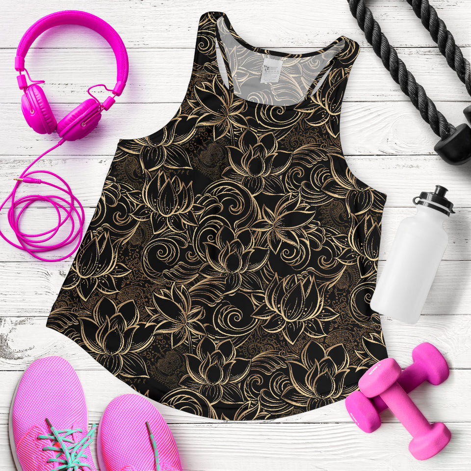 luxurious gold lotus waterlily black background Women Racerback Tank Top