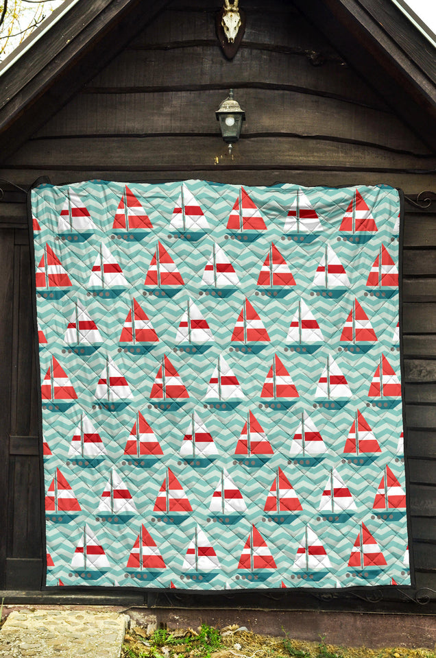 Red White Sailboat Wave Background Premium Quilt